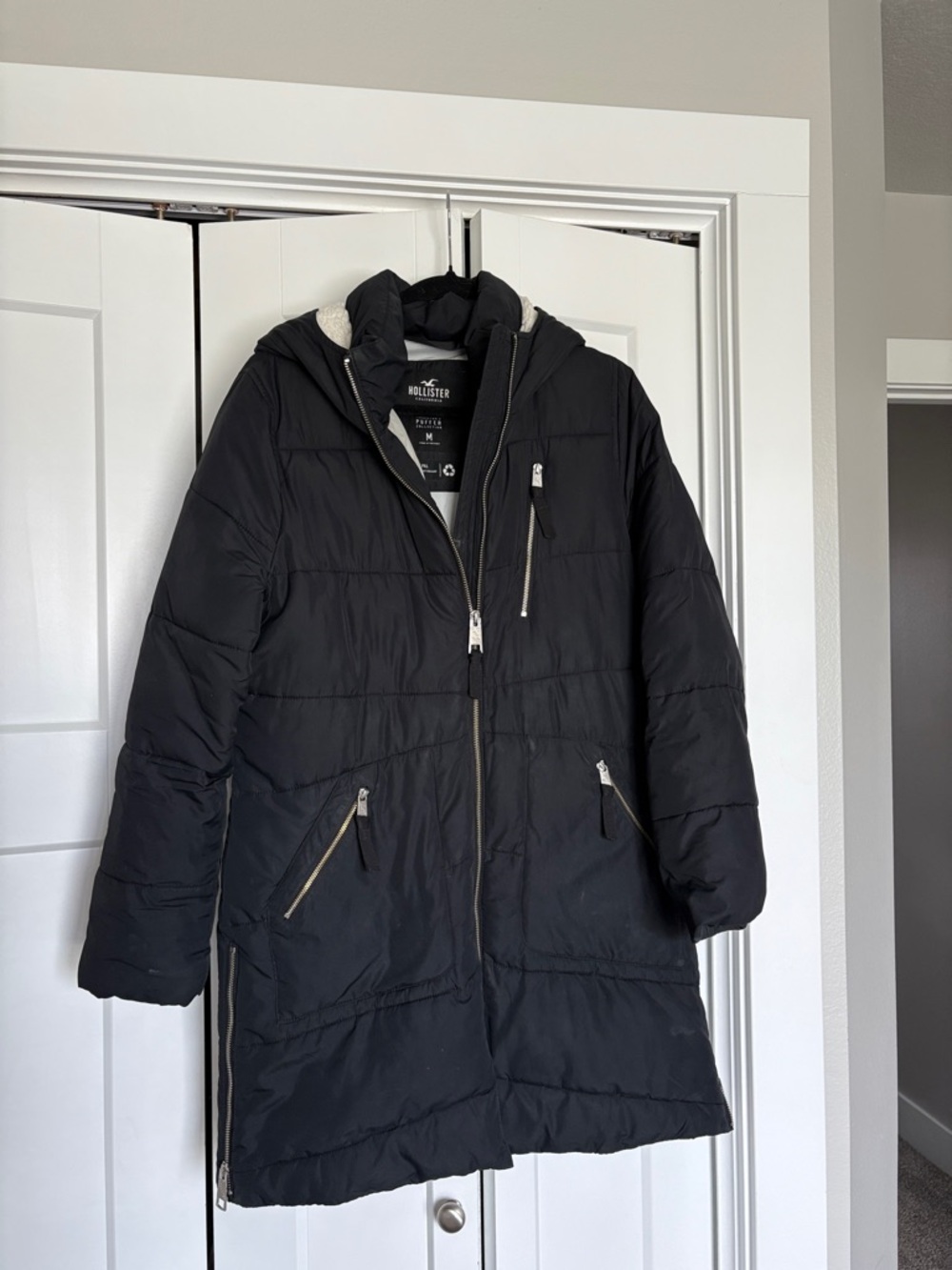 Hollister Black Long Quilted Hooded Puffer Jacket